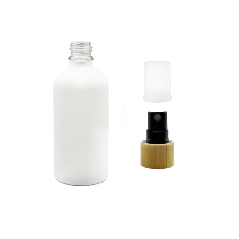 100ml Matte White Glass Dropper Bottle with Black Atomiser with Bamboo Collar and Clear Over Cap