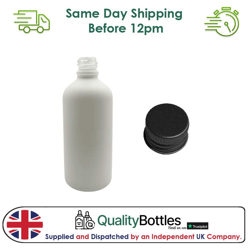 100ml Matte White Glass Dropper Bottle with Black DIN18 Cap - Pack of 12