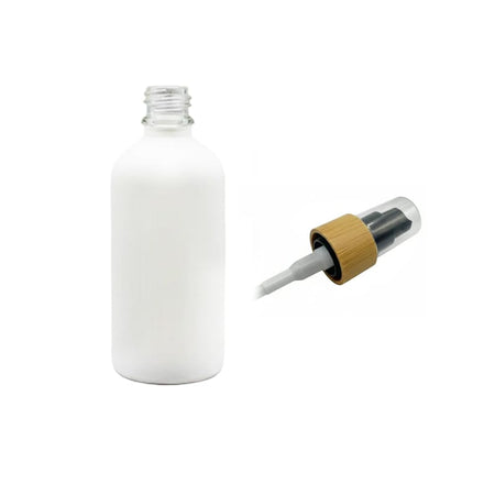 100ml Matte White Glass Dropper Bottle with Black Lotion Pump with Bamboo Collar and Clear Over Cap