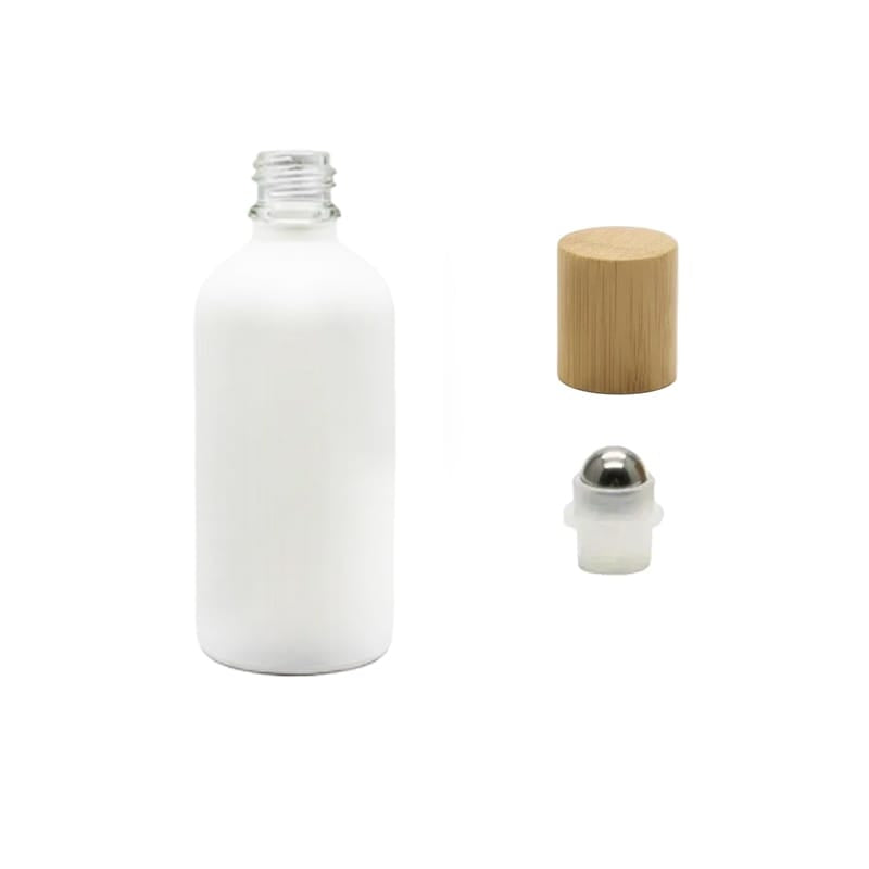 100ml Matte White Glass Dropper Bottle with Stainless Steel Roller Ball Insert with Bamboo Cap