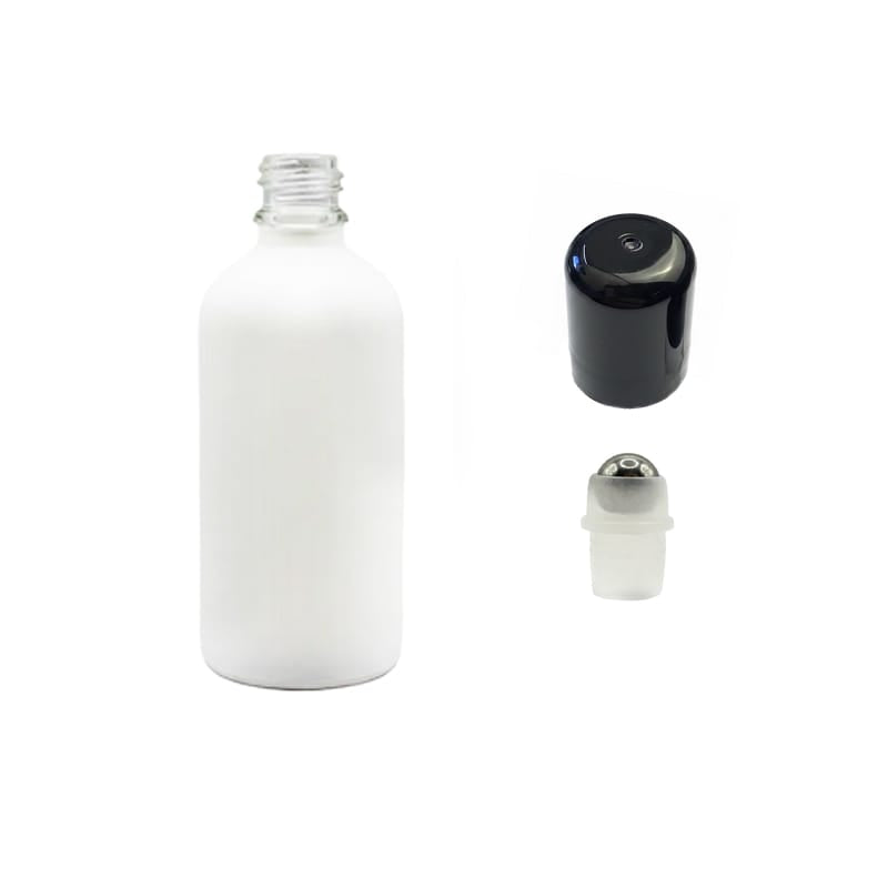 100ml Matte White Glass Dropper Bottle with Stainless Steel Roller Ball with Plastic Black Cap