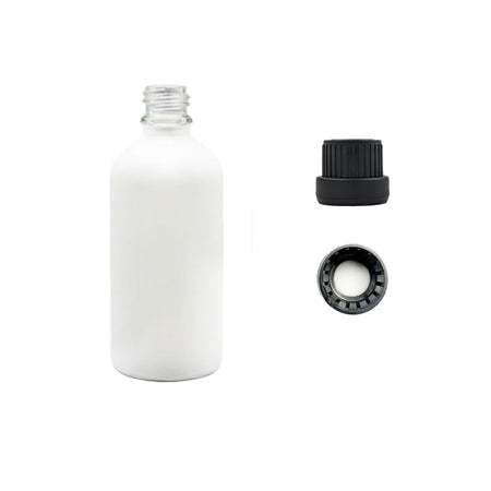 100ml Matte White Glass Dropper Bottle with Tamper Evident Ribbed Black Cap and EPE Liner (Type III)