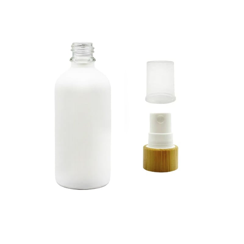 100ml Matte White Glass Dropper Bottle with White Atomiser with Bamboo Collar and Clear Over Cap