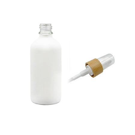 100ml Matte White Glass Dropper Bottle with White Lotion Pump with Bamboo Collar and Clear Over Cap