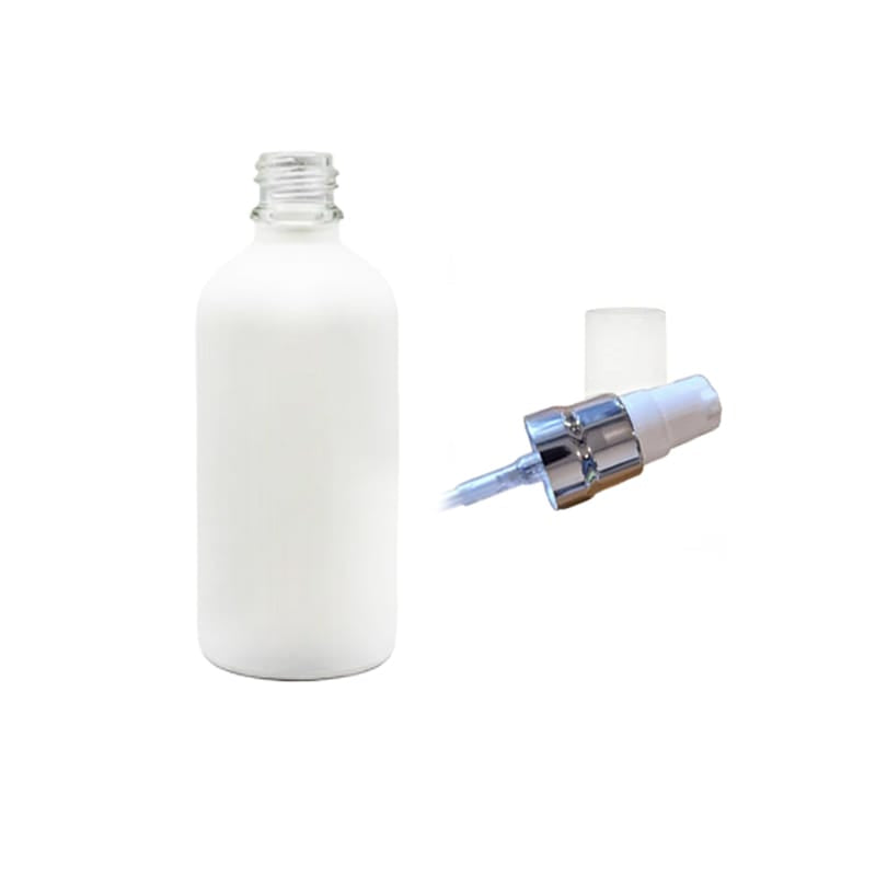 100ml Matte White Glass Dropper Bottle with White Lotion Pump with Silver Collar and Clear Over Cap