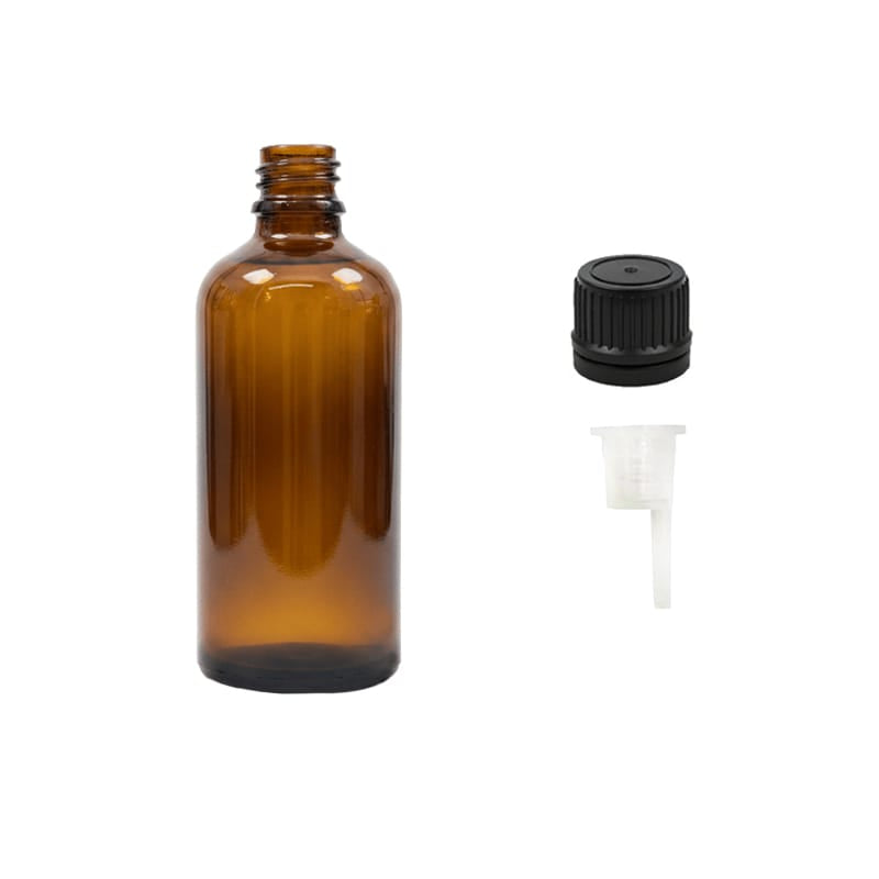 100ml Premium Amber Glass Dropper Bottle with 0.6mm Dripper Insert and Tamper Evident Black Cap (Type II)