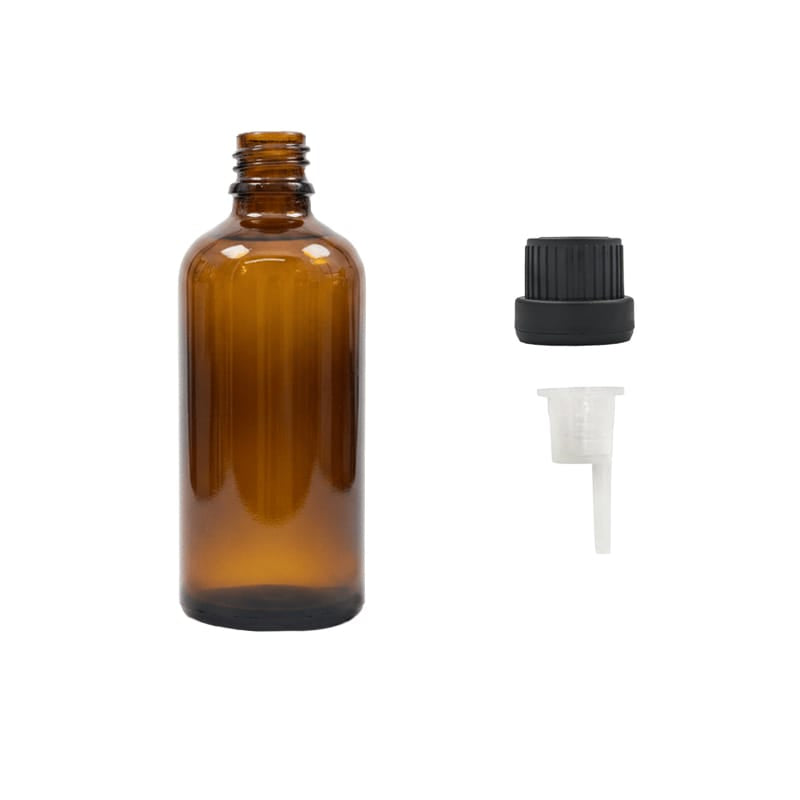 100ml Premium Amber Glass Dropper Bottle with 0.6mm Dripper Insert and Tamper Evident Black Cap (Type III)