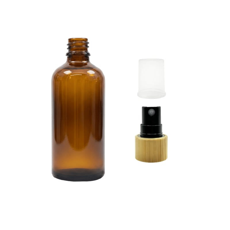 100ml Premium Amber Glass Dropper Bottle with Black Atomiser with Bamboo Collar and Clear Over Cap