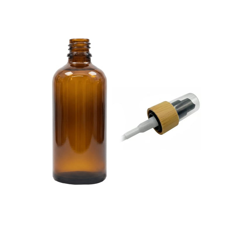 100ml Premium Amber Glass Dropper Bottle with Black Lotion Pump with Bamboo Collar and Clear Over Cap