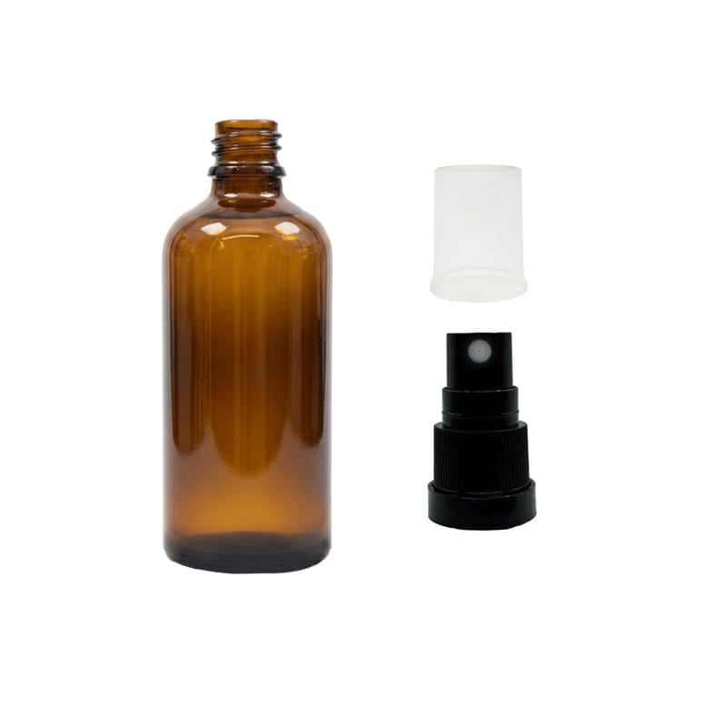 100ml Premium Amber Glass Dropper Bottle with Black Tamper Evident Atomiser and Clear Over Cap (Type III)