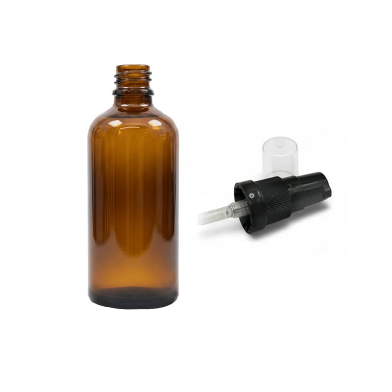 100ml Premium Amber Glass Dropper Bottle with Black Tamper Evident Lotion Pump and Clear Over Cap (Type III)