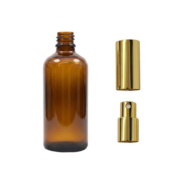 100ml Premium Amber Glass Dropper Bottle with Gold Atomiser with Gold Over Cap