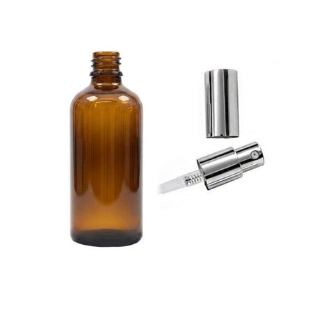 100ml Premium Amber Glass Dropper Bottle with Silver Lotion Pump with Silver Over Cap