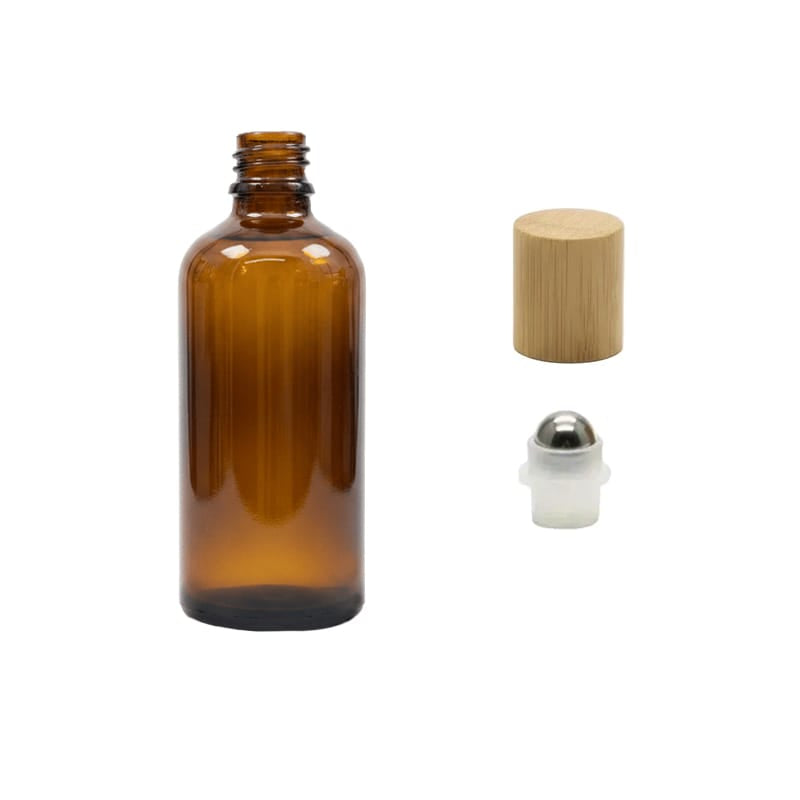 100ml Premium Amber Glass Dropper Bottle with Stainless Steel Roller Ball Insert with Bamboo Cap