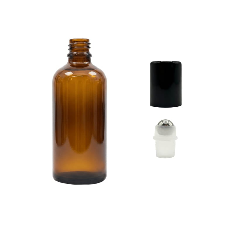 100ml Premium Amber Glass Dropper Bottle with Stainless Steel Roller Ball with Metal Gloss Black Cap
