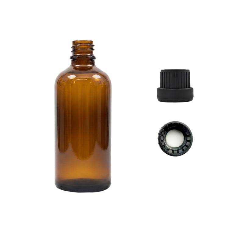 100ml Premium Amber Glass Dropper Bottle with Tamper Evident Ribbed Black Cap and EPE Liner (Type III)