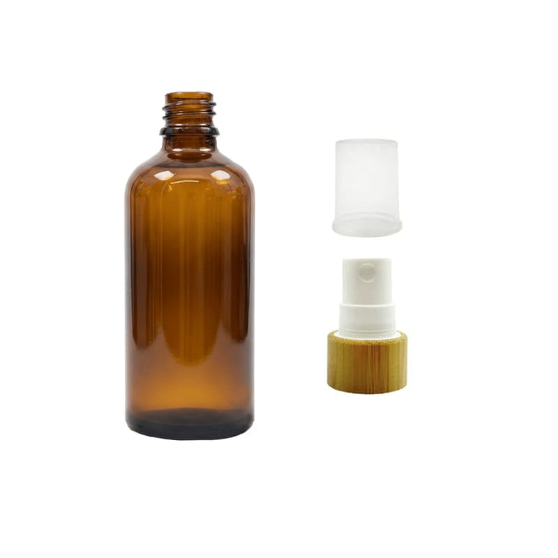 100ml Premium Amber Glass Dropper Bottle with White Atomiser with Bamboo Collar and Clear Over Cap