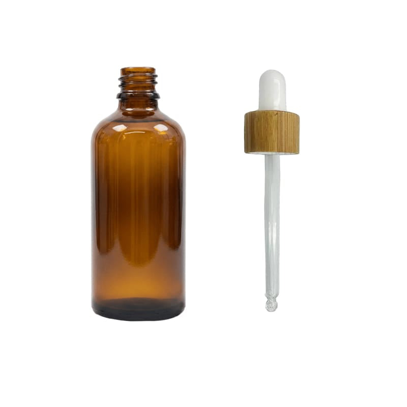 100ml Premium Amber Glass Dropper Bottle with White Bamboo Dropper