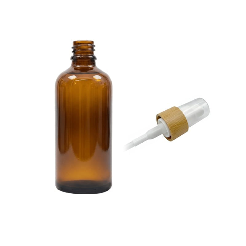 100ml Premium Amber Glass Dropper Bottle with White Lotion Pump with Bamboo Collar and Clear Over Cap