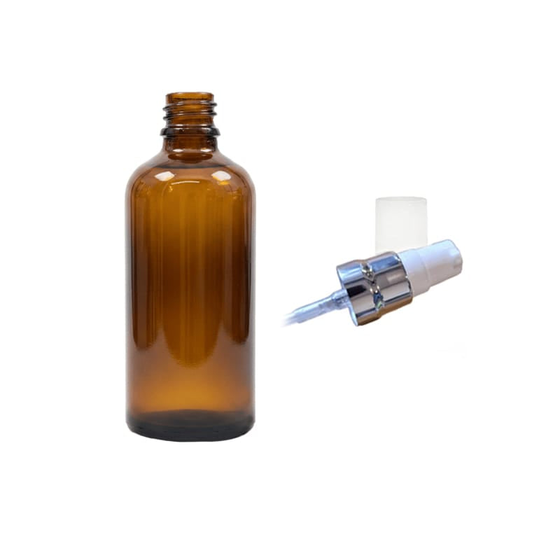 100ml Premium Amber Glass Dropper Bottle with White Lotion Pump with Silver Collar and Clear Over Cap