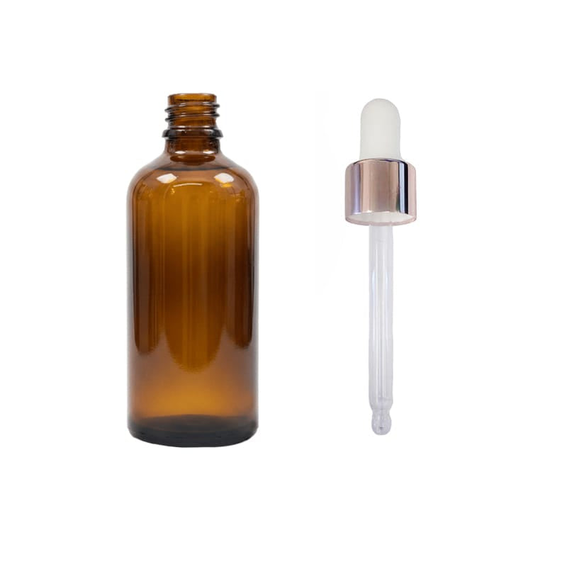 100ml Premium Amber Glass Dropper Bottle with White & Rose Gold Dropper