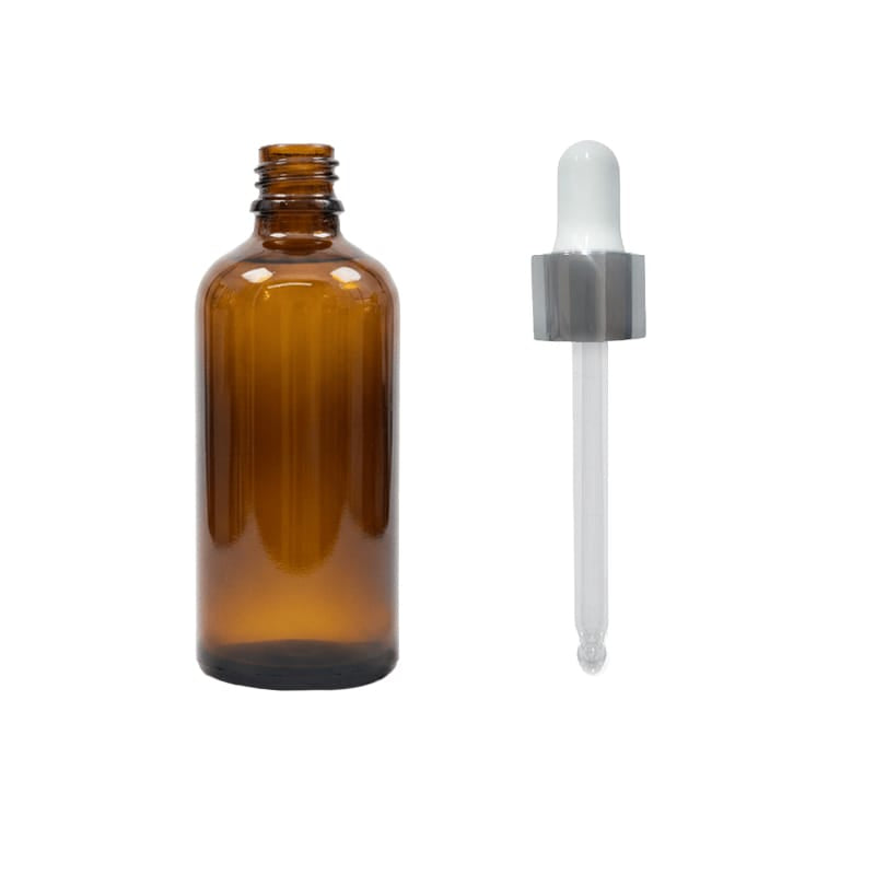 100ml Premium Amber Glass Dropper Bottle with White & Silver Dropper