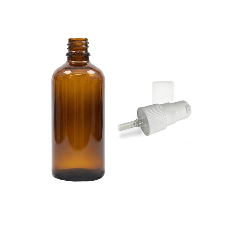 100ml Premium Amber Glass Dropper Bottle with White Tamper Evident Lotion Pump and Clear Over Cap (Type III)