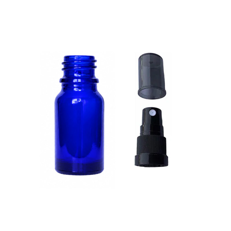 10ml Blue Glass Dropper Bottle with Black Tamper Evident Atomiser and Smoke Tinted Over Cap (Type III)
