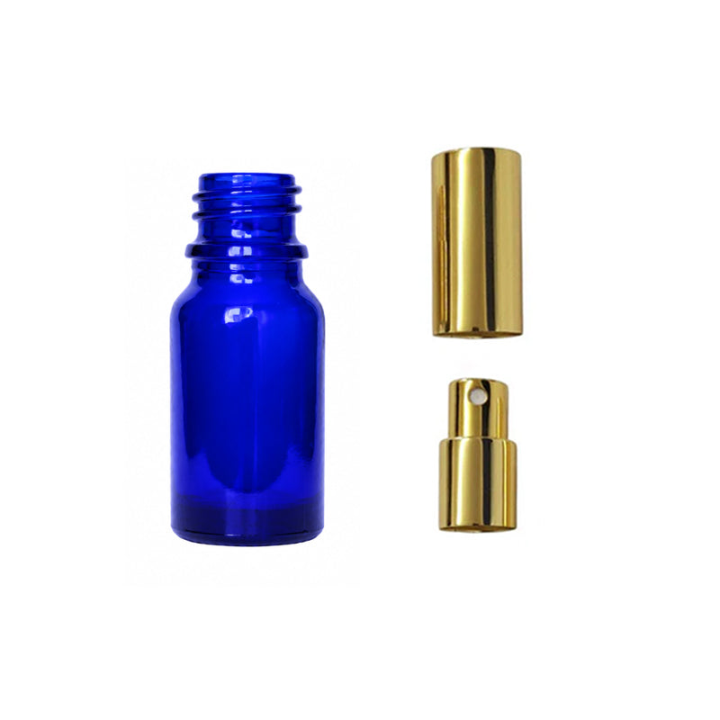 10ml Blue Glass Dropper Bottle with Gold Atomiser with Gold Over Cap