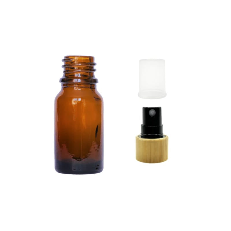 10ml Amber Glass Dropper Bottle with Black Atomiser with Bamboo Collar and Clear Over Cap