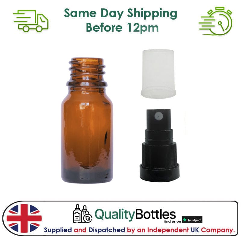 10ml Amber Glass Dropper Bottle with Black TE Atomiser - Pack of 12
