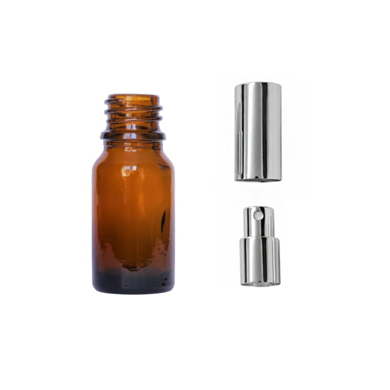 10ml Amber Glass Dropper Bottle with Silver Atomiser with Silver Over Cap