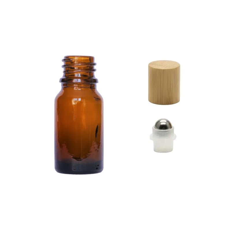 10ml Amber Glass Dropper Bottle with Stainless Steel Roller Ball Insert with Bamboo Cap