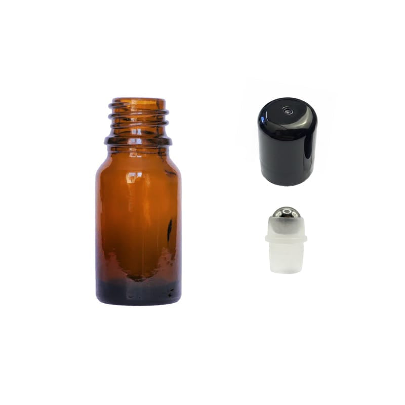 10ml Amber Glass Dropper Bottle with Stainless Steel Roller Ball with Plastic Black Cap