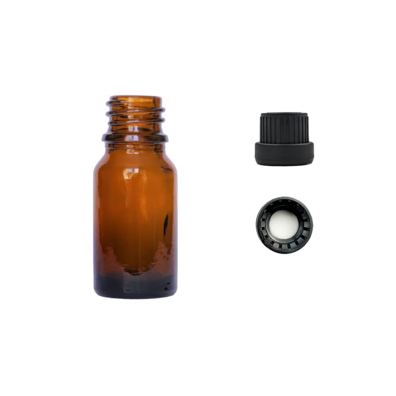 10ml Amber Glass Dropper Bottle with Tamper Evident Ribbed Black Cap and EPE Liner (Type III)