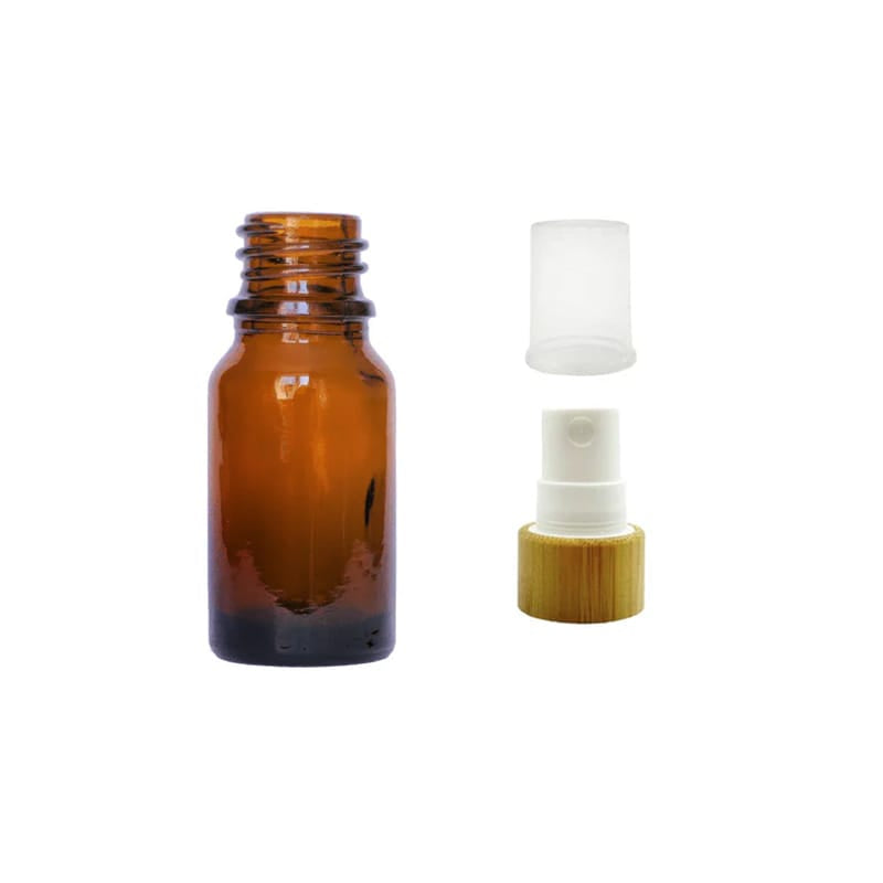 10ml Amber Glass Dropper Bottle with White Atomiser with Bamboo Collar and Clear Over Cap