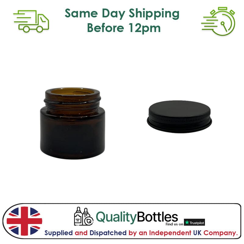 10ml Amber Glass Jar With Matte Black Aluminium Lid - Pack of 15