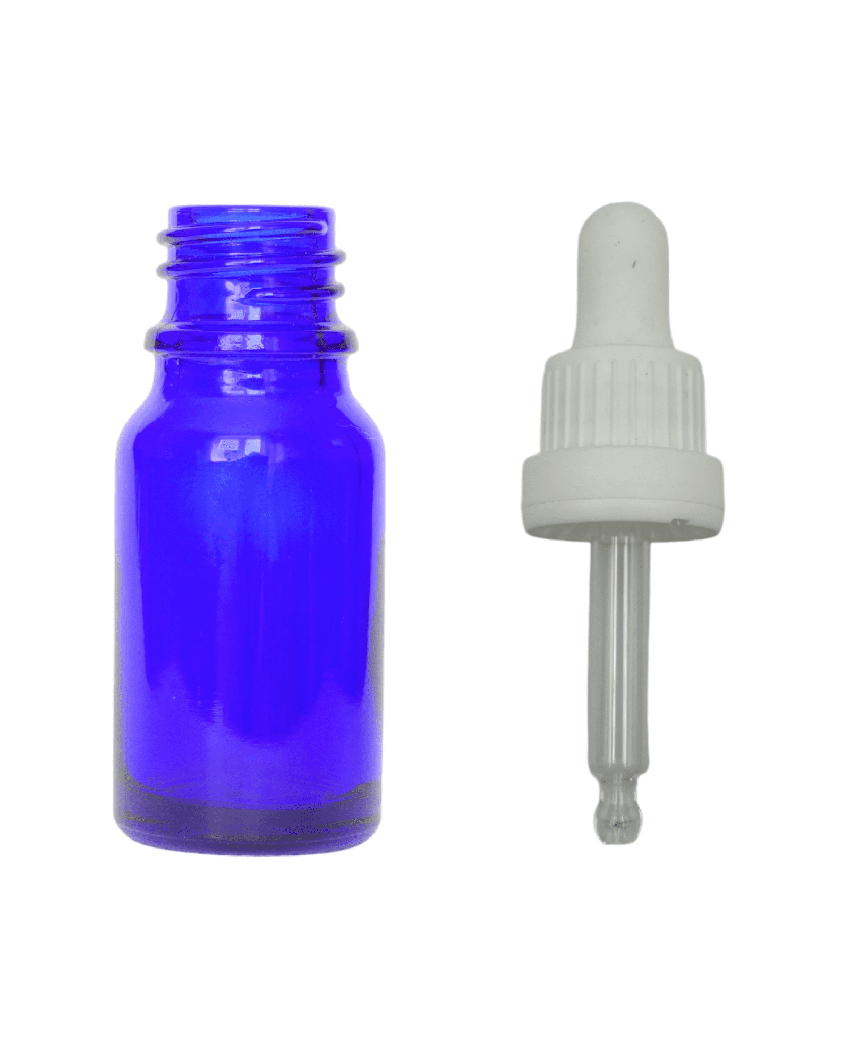 10ml Blue Glass Dropper Bottle & White Tamper Evident Ball Ended Pipette