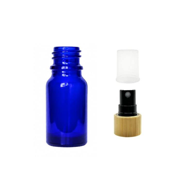 10ml Blue Glass Dropper Bottle with Black Atomiser with Bamboo Collar and Clear Over Cap