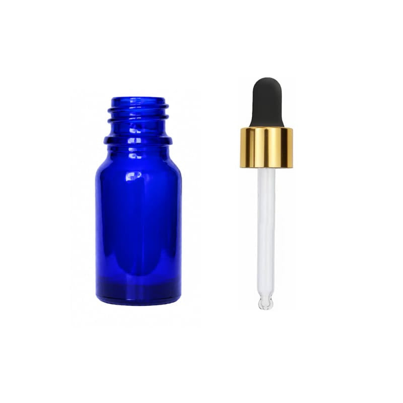10ml Blue Glass Dropper Bottle with Black & Gold Dropper