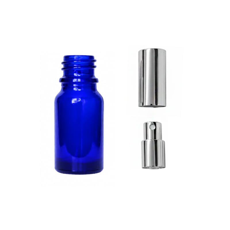 10ml Blue Glass Dropper Bottle with Silver Atomiser with Silver Over Cap