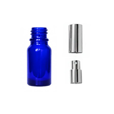 10ml Blue Glass Dropper Bottle with Silver Atomiser with Silver Over Cap