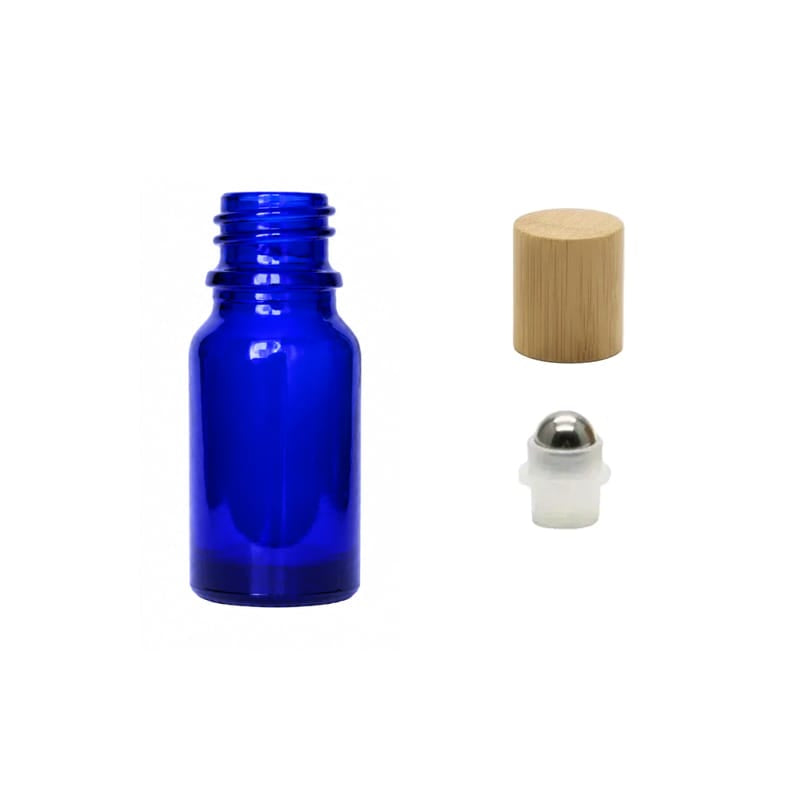 10ml Blue Glass Dropper Bottle with Stainless Steel Roller Ball Insert with Bamboo Cap