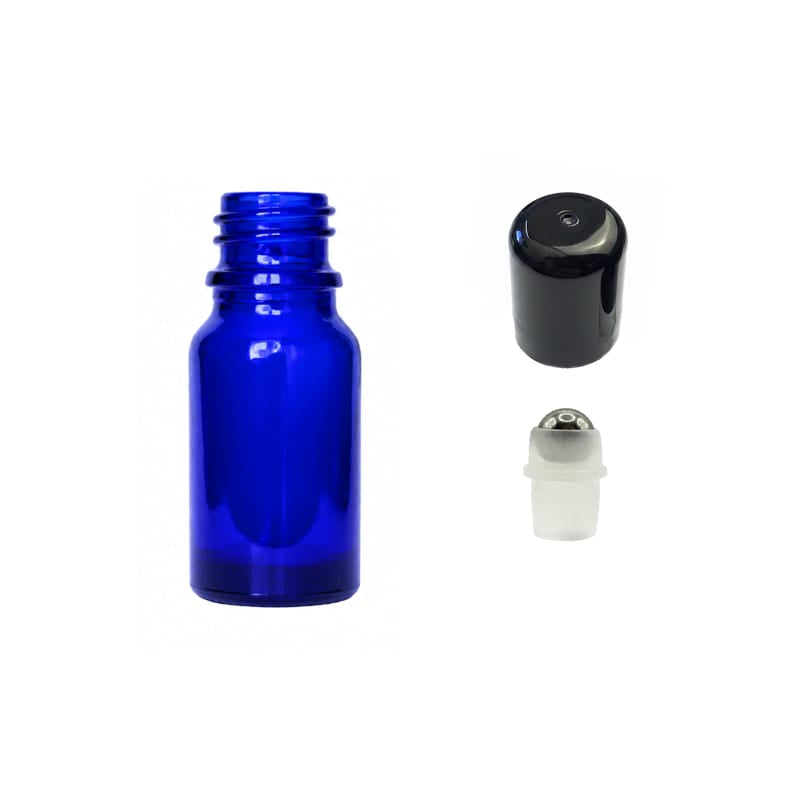 10ml Blue Glass Dropper Bottle with Stainless Steel Roller Ball with Plastic Black Cap