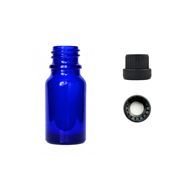10ml Blue Glass Dropper Bottle with Tamper Evident Ribbed Black Cap and EPE Liner (Type III)