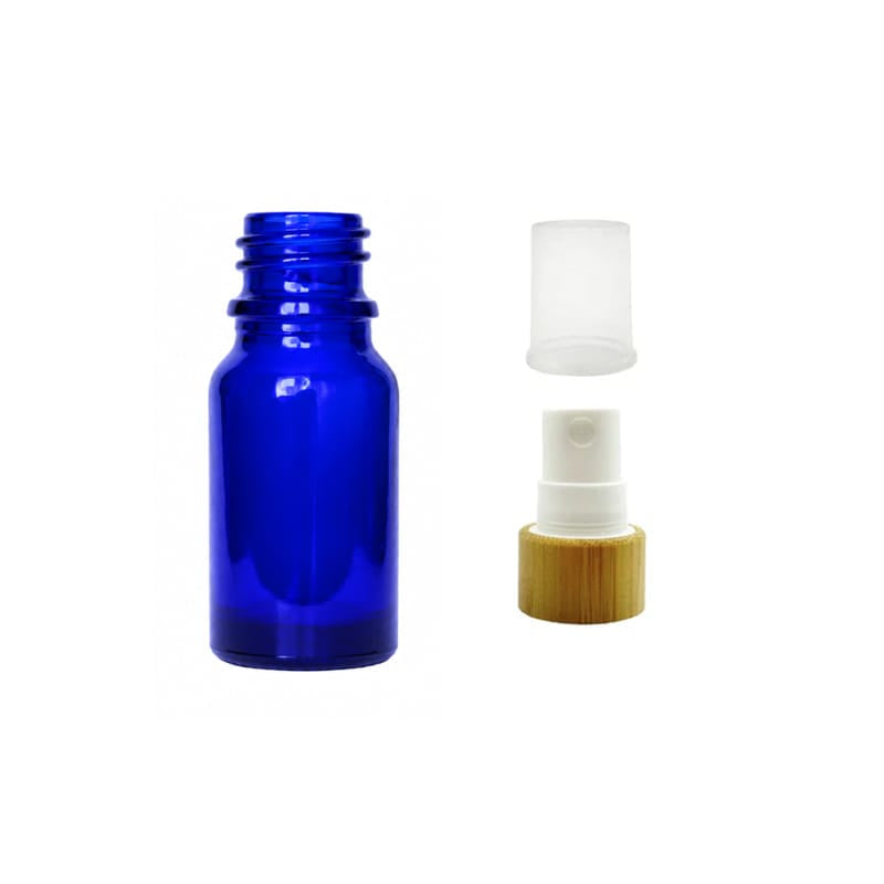 10ml Blue Glass Dropper Bottle with White Atomiser with Bamboo Collar and Clear Over Cap