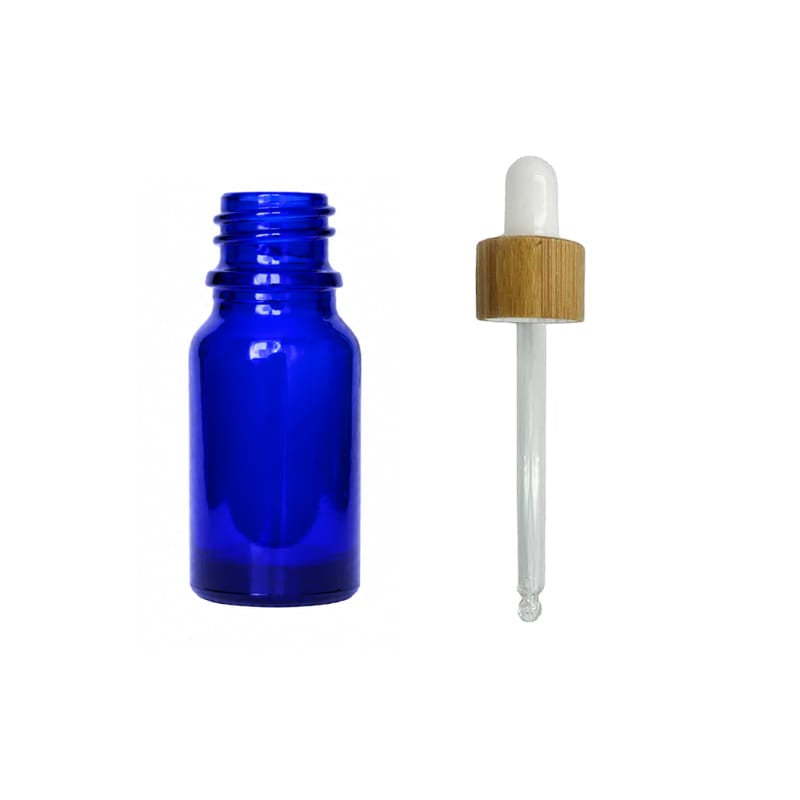 10ml Blue Glass Dropper Bottle with White Bamboo Dropper