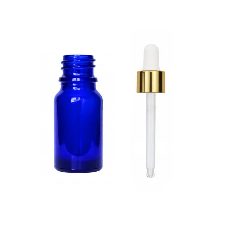 10ml Blue Glass Dropper Bottle with White & Gold Dropper