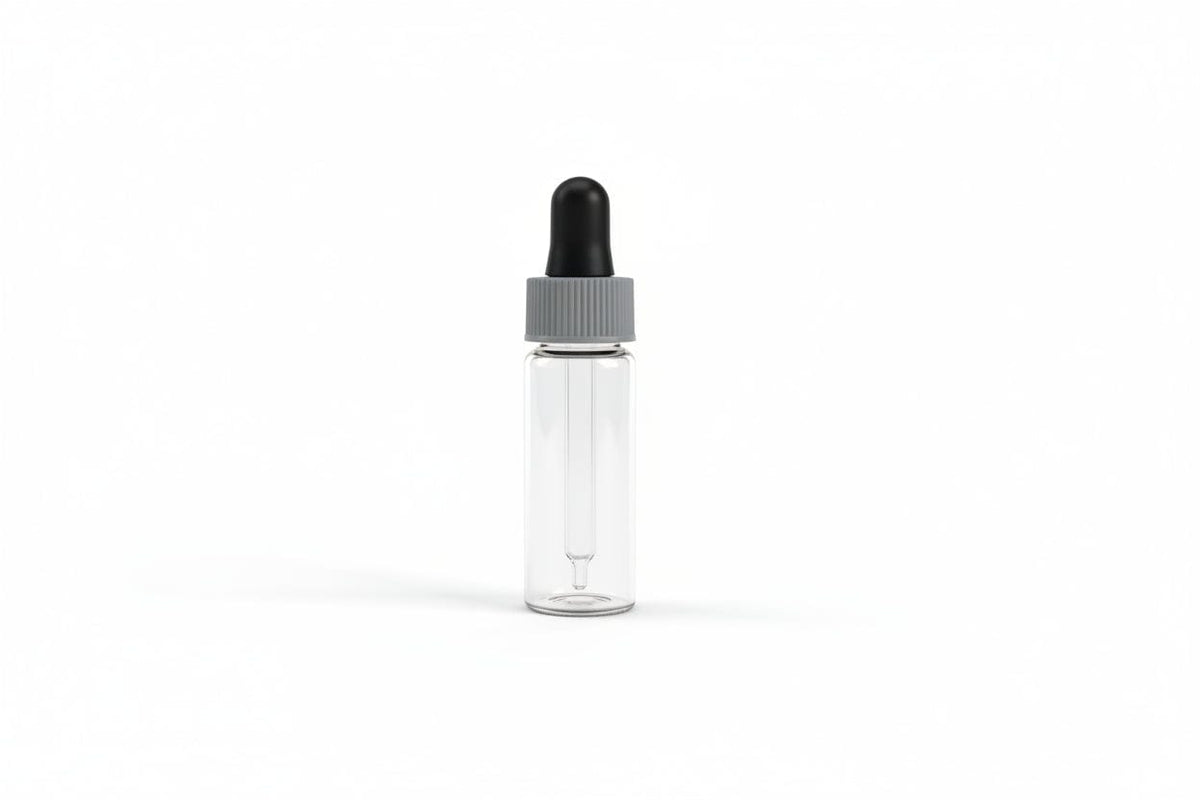 10ml Clear Glass Bijou Dropper Vial with Black Teat Grey Shoulder Pipette