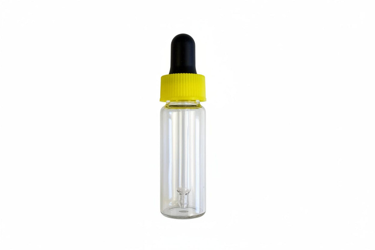 10ml Clear Glass Bijou Dropper Vial with Black Teat Yellow Shoulder Pipette